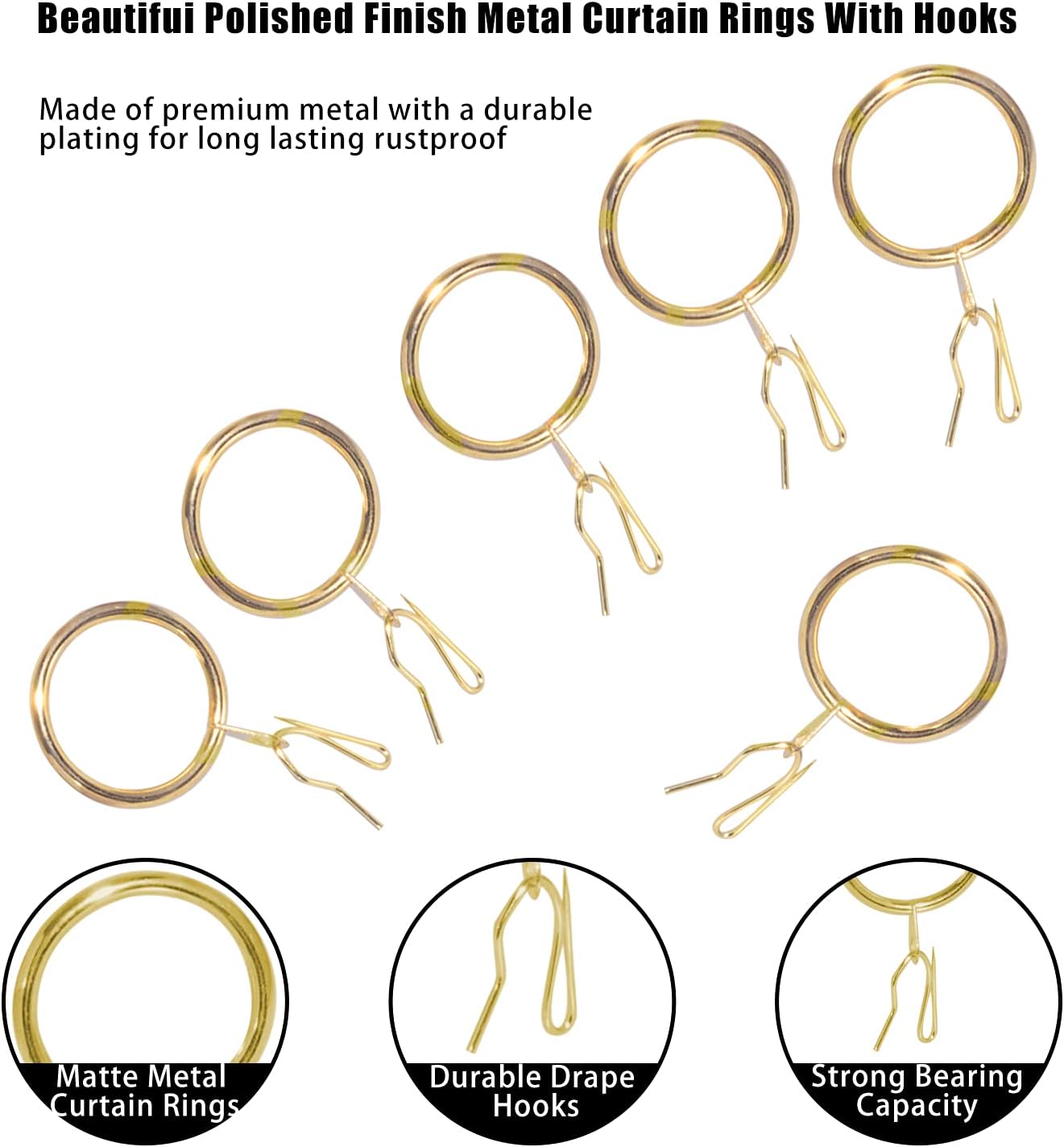30 Pcs Metal Curtain Rings & Hooks, 30mm Internal Diameter, Decorative Curtain Hanging Rings for Rods (Gold)