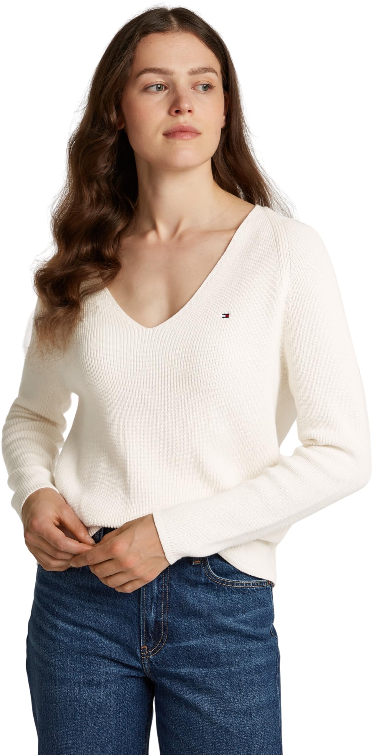 Tommy Hilfiger Women’s Fine Knit V-Neck Jumper, Off-White (Ivory Petal), M
