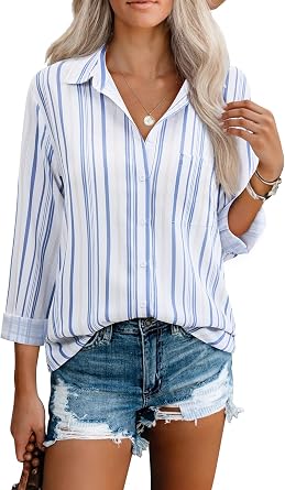 Aoudery Womens Button Down Shirts Long Sleeve Summer V Neck Collared Stripes Casual Blouses Tops with Pocket