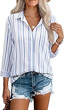 Womens Button Down Shirts Long Sleeve Summer V Neck Collared Stripes Casual Blouses Tops with Pocket