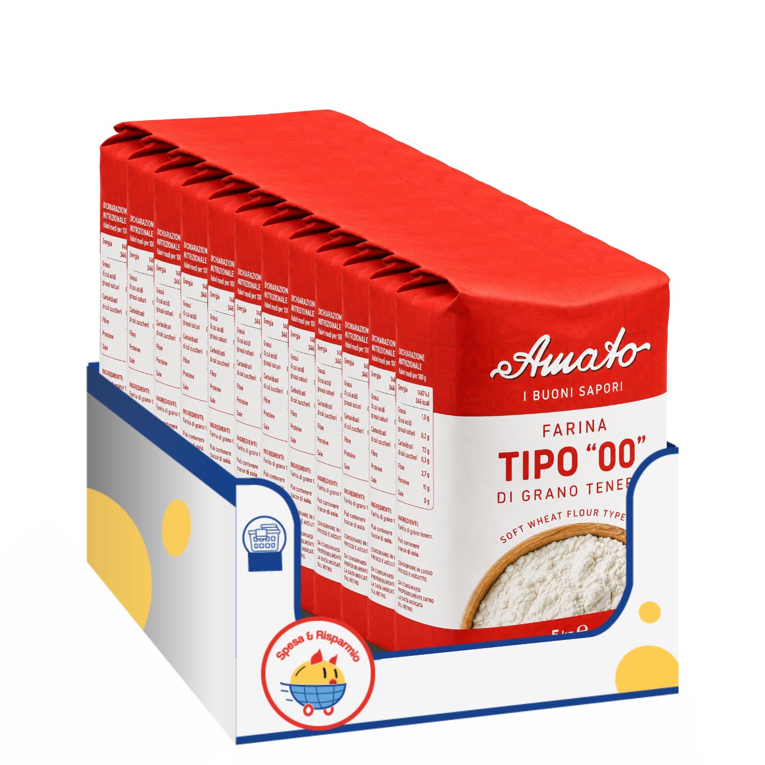 Amato Farina di Grano Tenero Tipo 00 5 kg, Farina per Pizza, Pane, Pasta Fresca e Dolci, Ideale per Impasti Soffici e Lievitati, Confezione Multipla da 4/8/12 Pezzi (8 PEZZI)