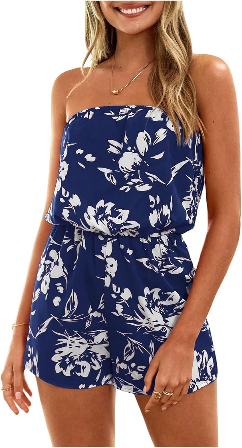 SOLY HUX Women's Floral Print Strapless Sleeveless Tube Romper Summer Short Jumpsuit