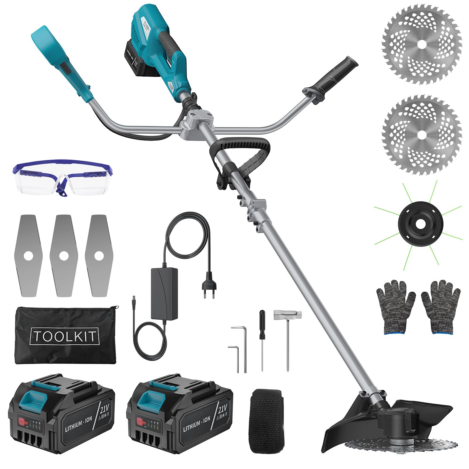 Desbrozadora inalámbrica con motor sin escobillas, con 2 baterías de 3000 mAh y cargador, mango telescópico, doble accionamiento y correa de transporte, para jardín, césped, malas hierbas (2 baterías)