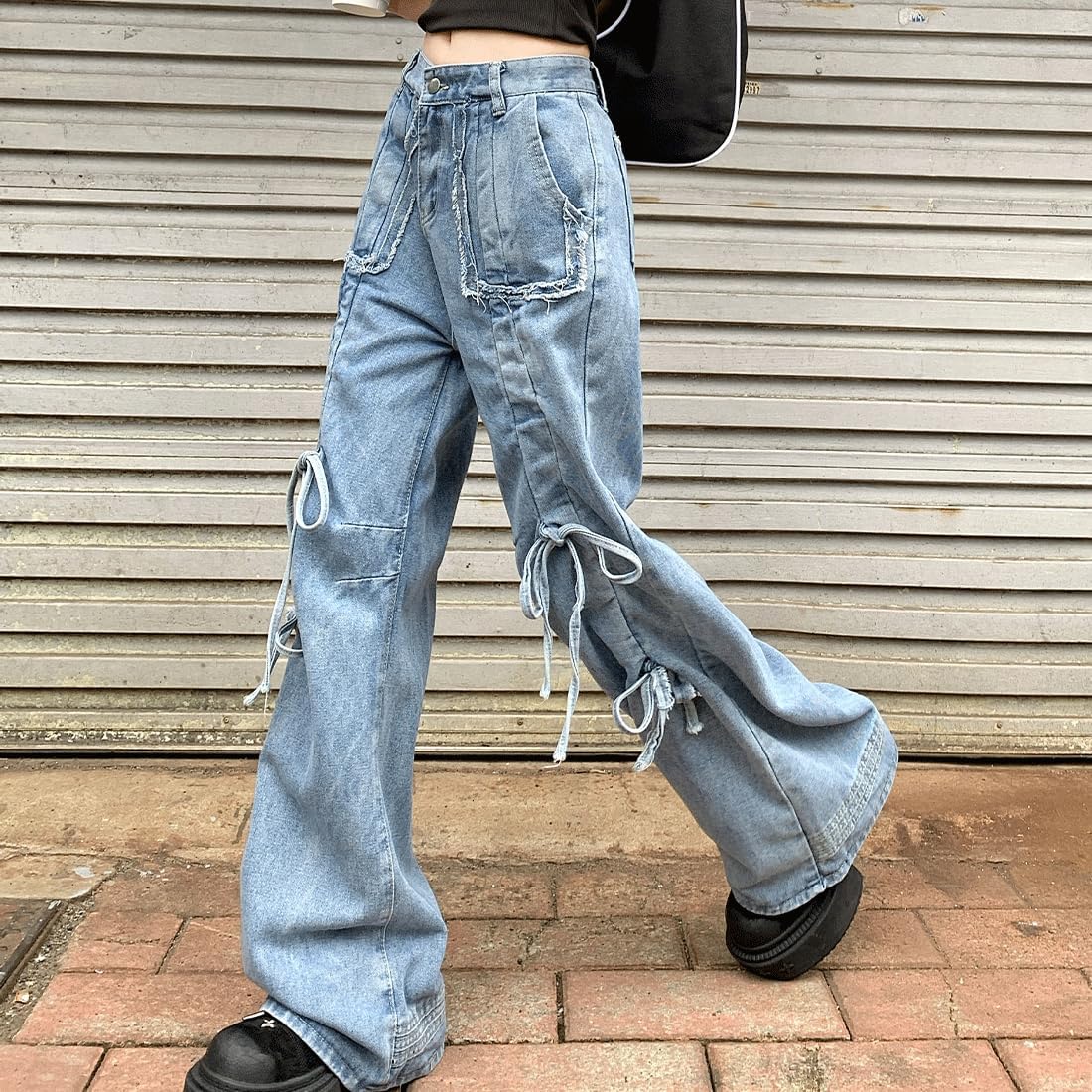 Y2K Gothic Kawaii Casual Style High Waisted Loose Wide Legs Vintage Distressed Jeans Drawstring Denim Pants