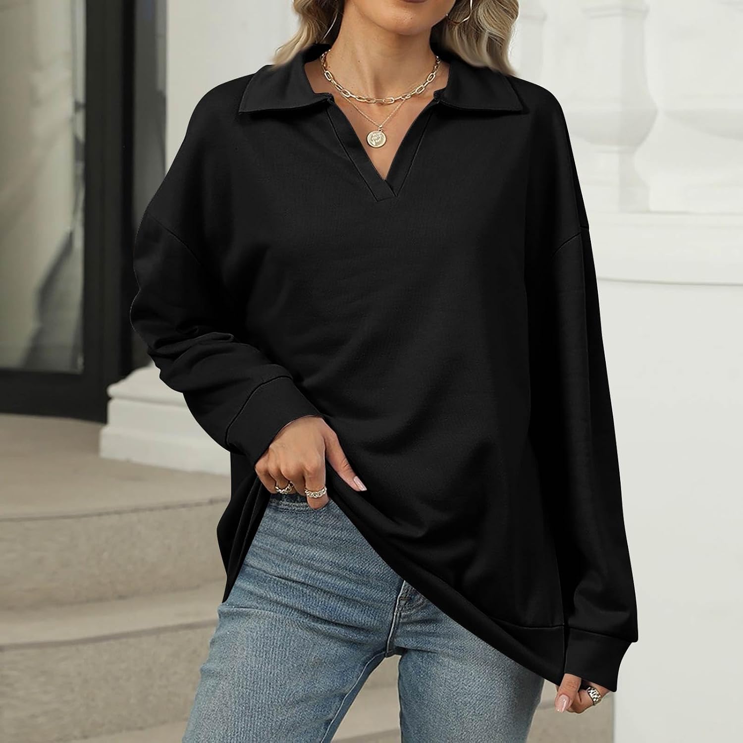 Women's Gradient Tops Trendy Print Lapel Long Sleeve Sweater Oversize Loose V Neck Sweatshirts Work Casual Pullover