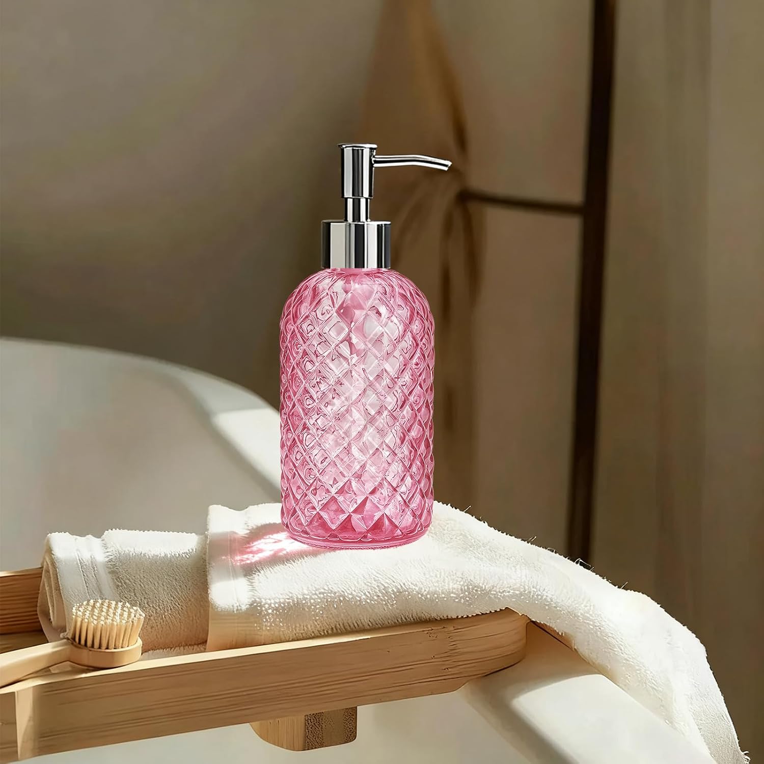 400ml/13.5oz Pink Diamond-Textured Glass Soap Dispenser with Silver Pump, Refillable Hand Soap/Lotion Dispenser for Kitchen & Bathroom