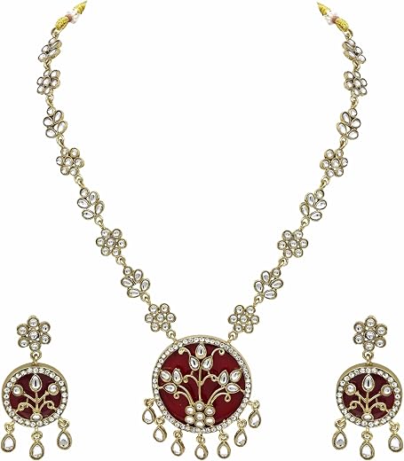 SAIYONI Traditional Meenakari Kundan &amp; Red Enamel Necklace Set with Floral Pendant, Kundan Polki Floral Pendant Necklace, ...