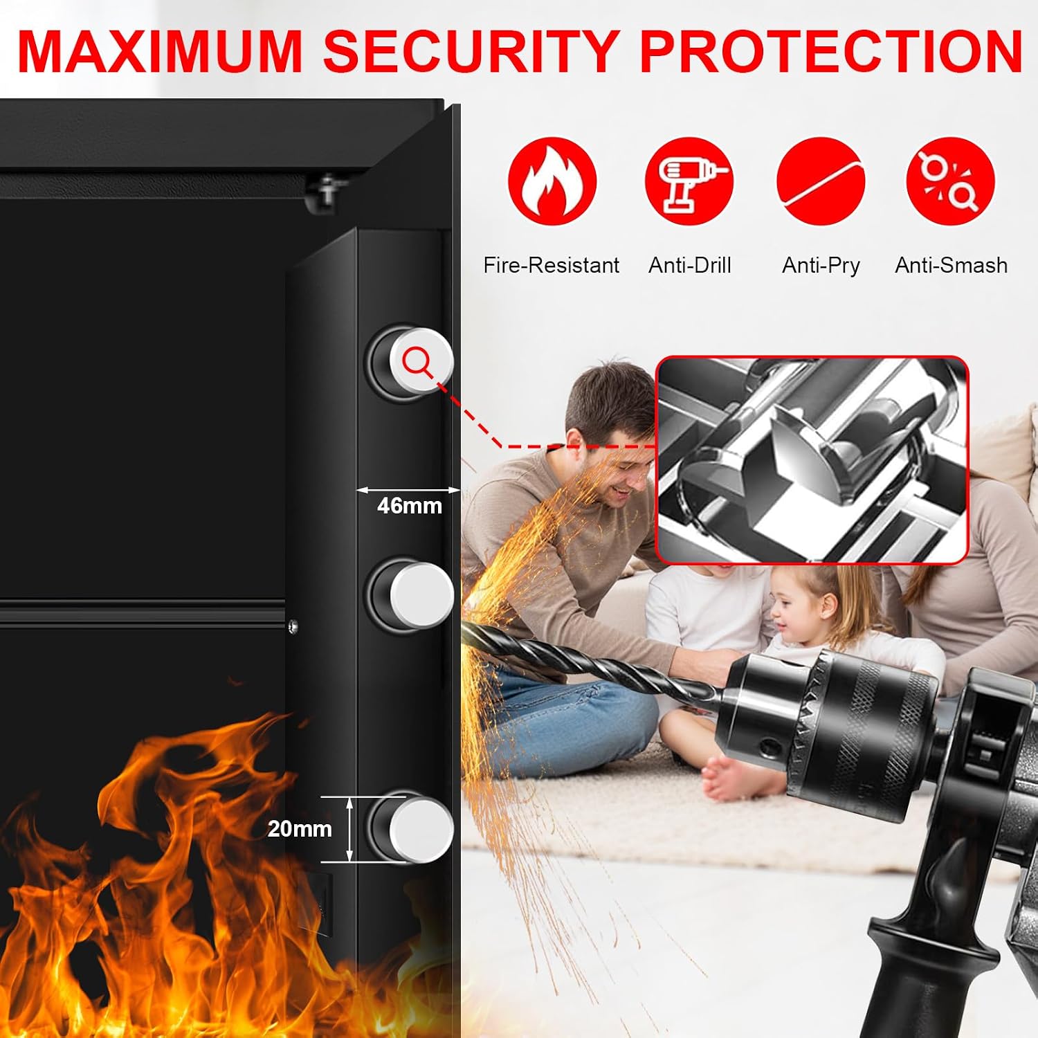 3.3 Cuft Large Home Safes Water and Fireproof, Anti-theft Floor Safe for Home Use with Programmable Keypad, Alarm System and Spare Keys, Digital Home Safes for Documents, Medicine