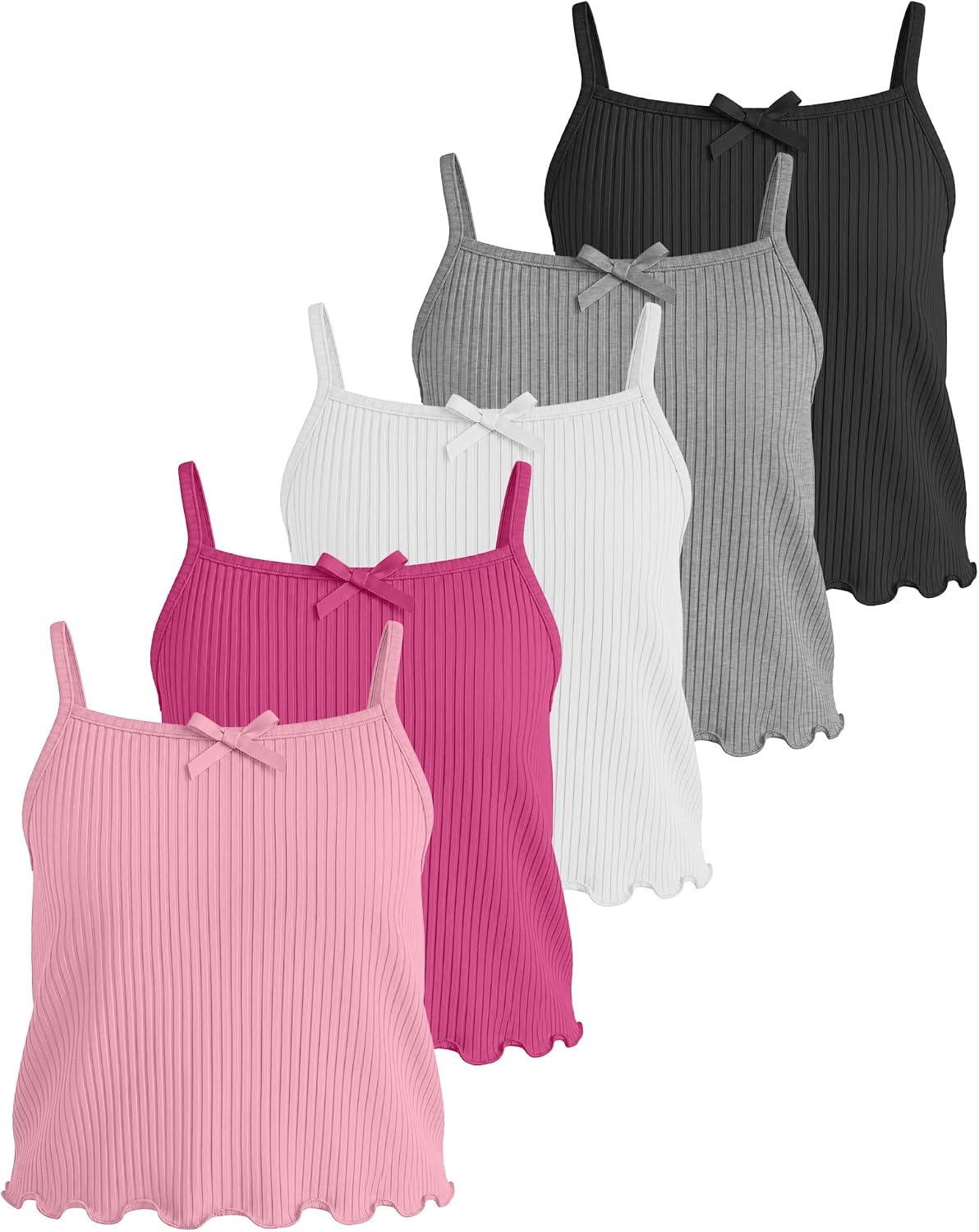 5 Pack Girls Camisole Ribbed Knit Undershirts Bow Lettuce Spaghetti Strap Sleeveless Tank Tops Casual Basic Cami