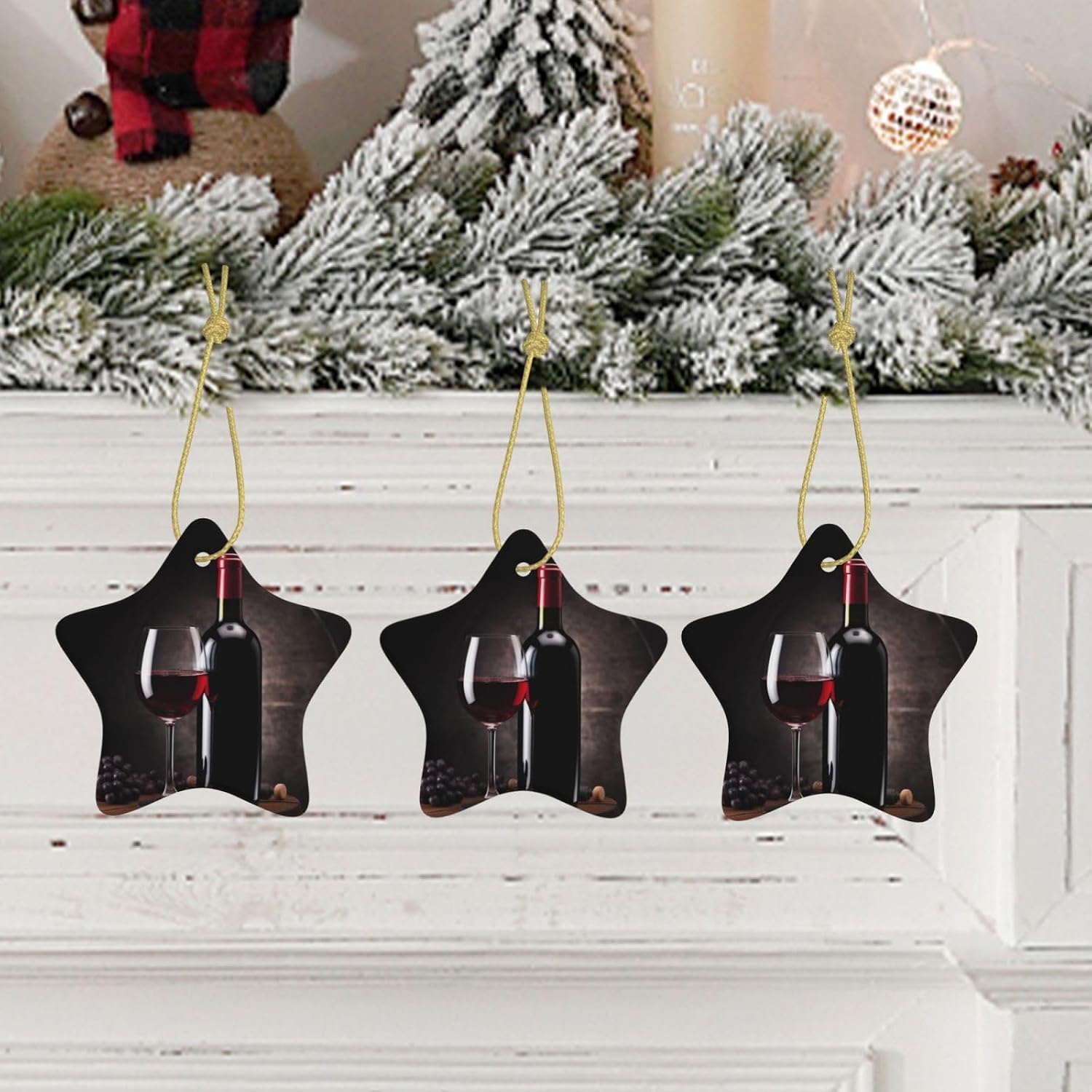 Christmas Ornaments Ceramic Star Shaped Christmas Hanging Ornament Double-Sided Red Wine Bottle Glass Print Christmas Tree Pendants for Xmas Tree Fireplace Party Holiday Wedding