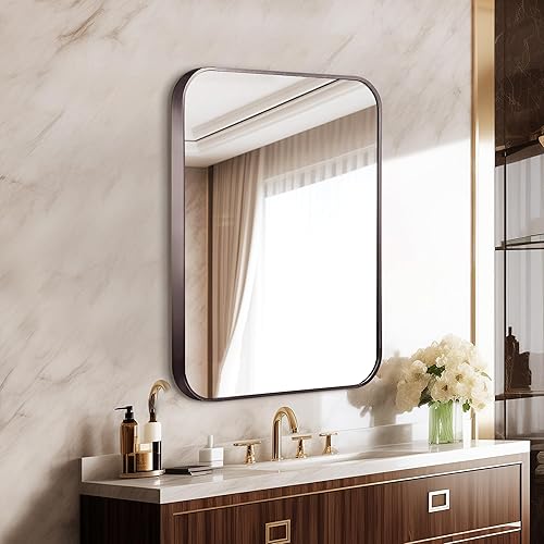 Miniatura 9 de Espejo de pared negro mate cepillado de 20 x 30 pulgadas, espejo rectangular redondeado con marco de metal para colgar para baño, entrada, tocador,