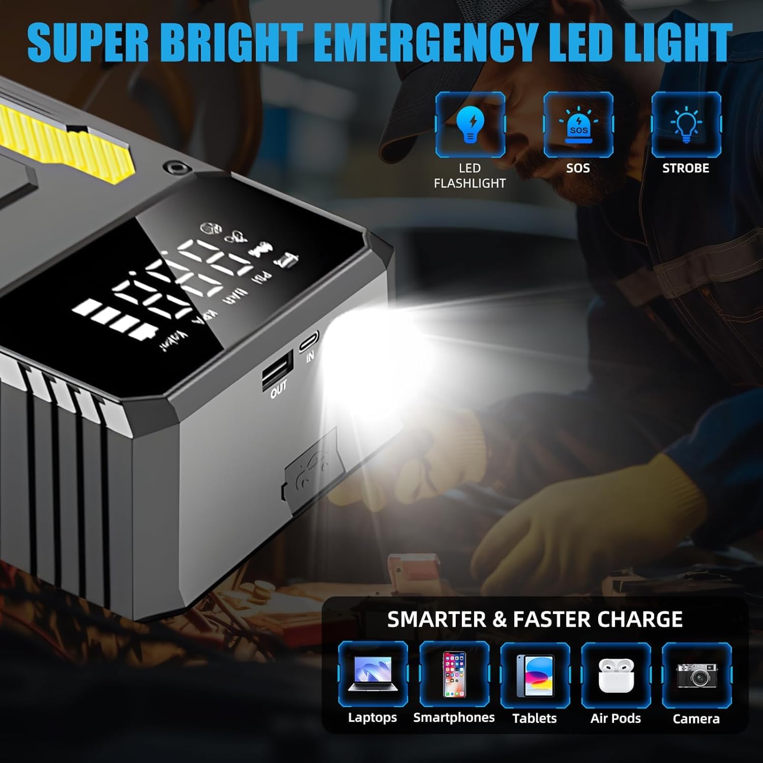 Auto Jump Starter Power Pack con compressore d'aria 6000A portatile batteria caricabatterie Booster Jump Box Jumper Power Pack Emergency Start Power Bank con torcia LED e display a LED (giallo)