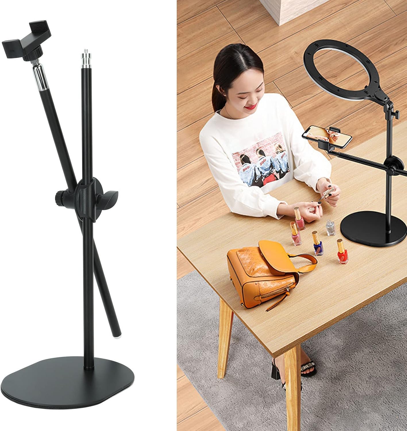Overhead Phone Mount, Video Recording Multiangle Adjustable Telescopic Soft Cushion Arm Cellphone Holder Tabletop Live Stream Clamp Stand