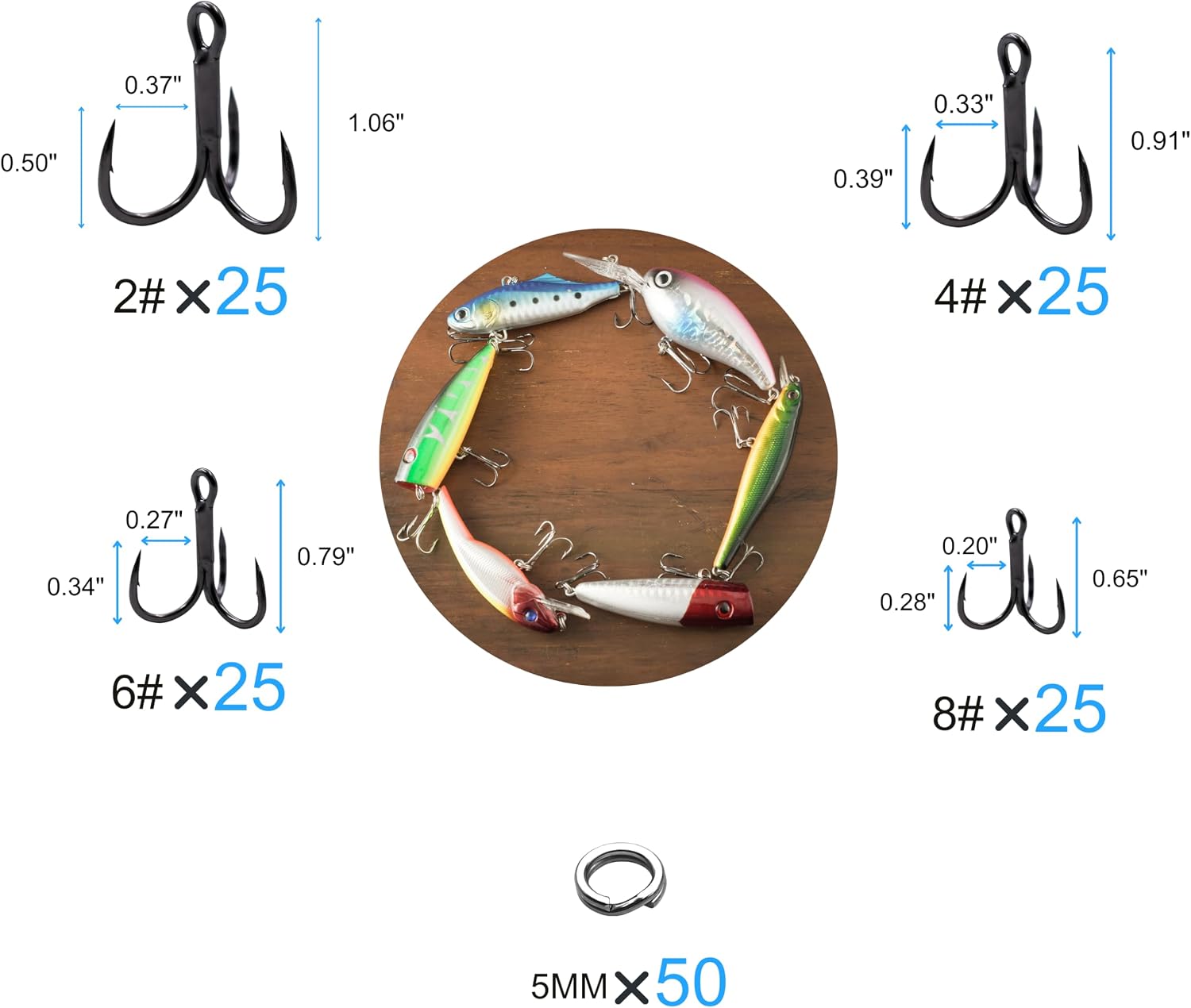 150PCS Treble Hooks Set with Split Rings Sizes 2# 4# 6# 8# | Extra Sharp Round Bend Treble Fishing Hooks Replacement Kit for Lures, Saltwater and Freshwater Bass Fishing