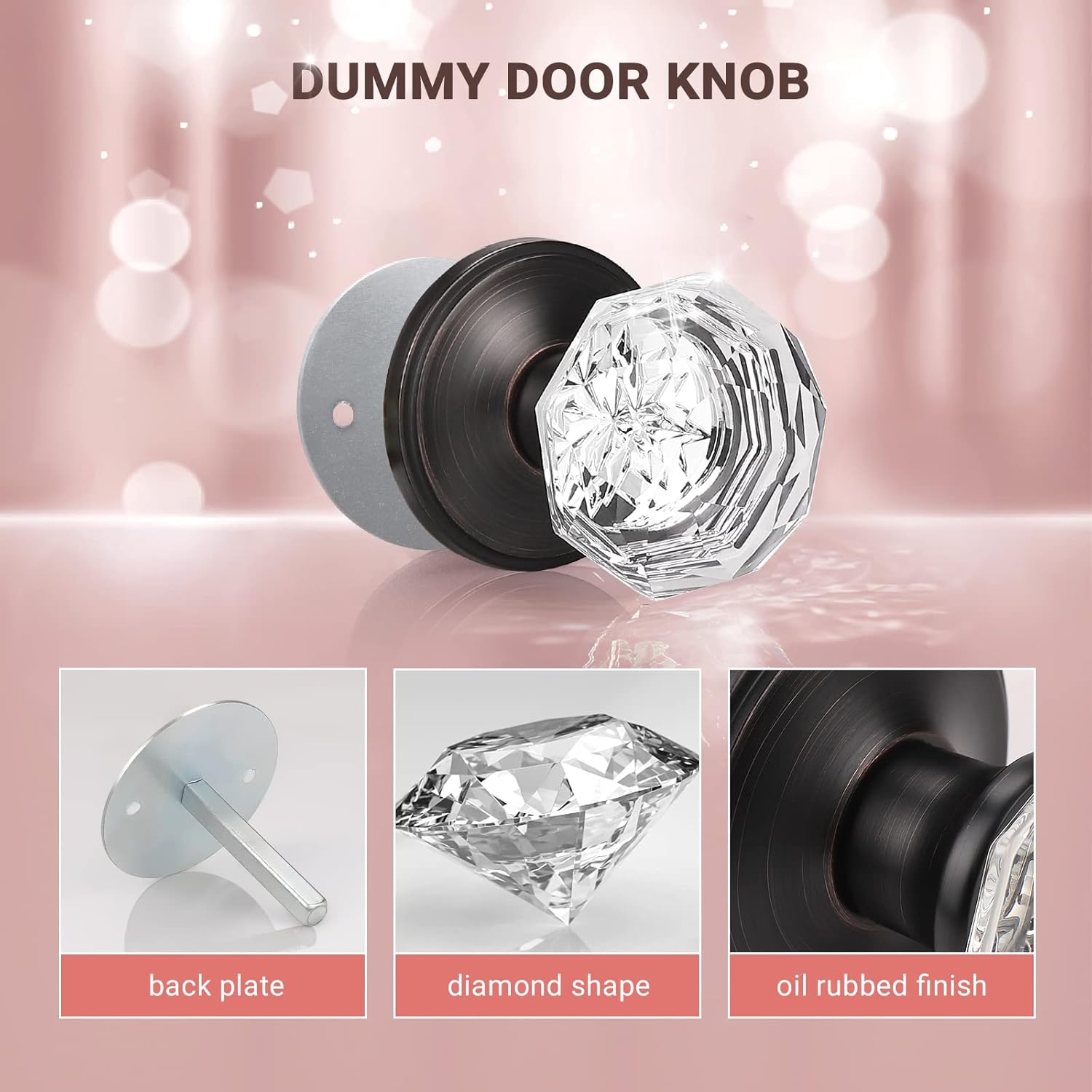 KNOBWELL 1 Pack Crystal Individual Dummy Door Knob, Single Sided Classic Rosette Faceted Crystal Door Knobs, Antique Oil Rubbed Bronze Finish Clear Glass Door Knobs