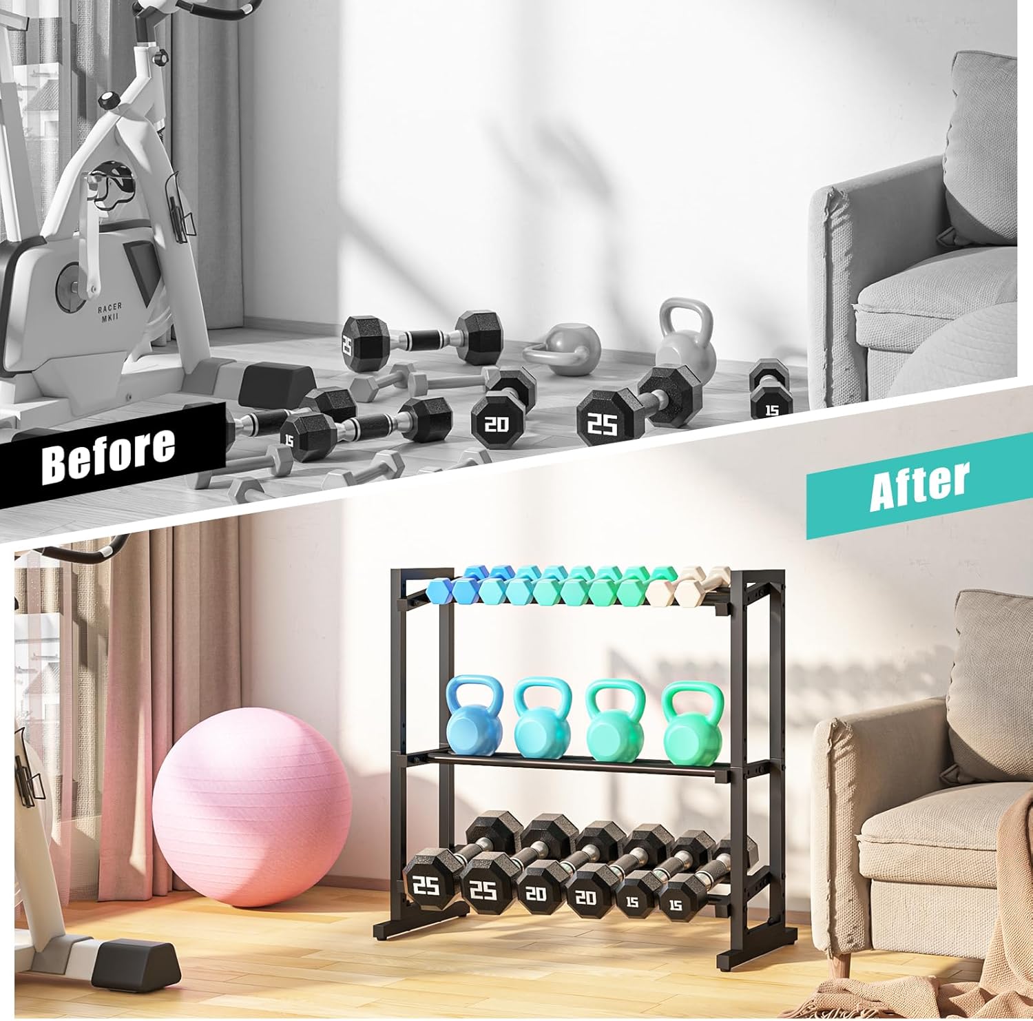 3 Tier Adjustable Dumbbell Rack, 33.6-Inch Weight Rack for Home Gym, Extended Base kettlebell holder for Home Gym, Space-Saving Dumbbell Stand - 900LBS Capacity (Rack Only)