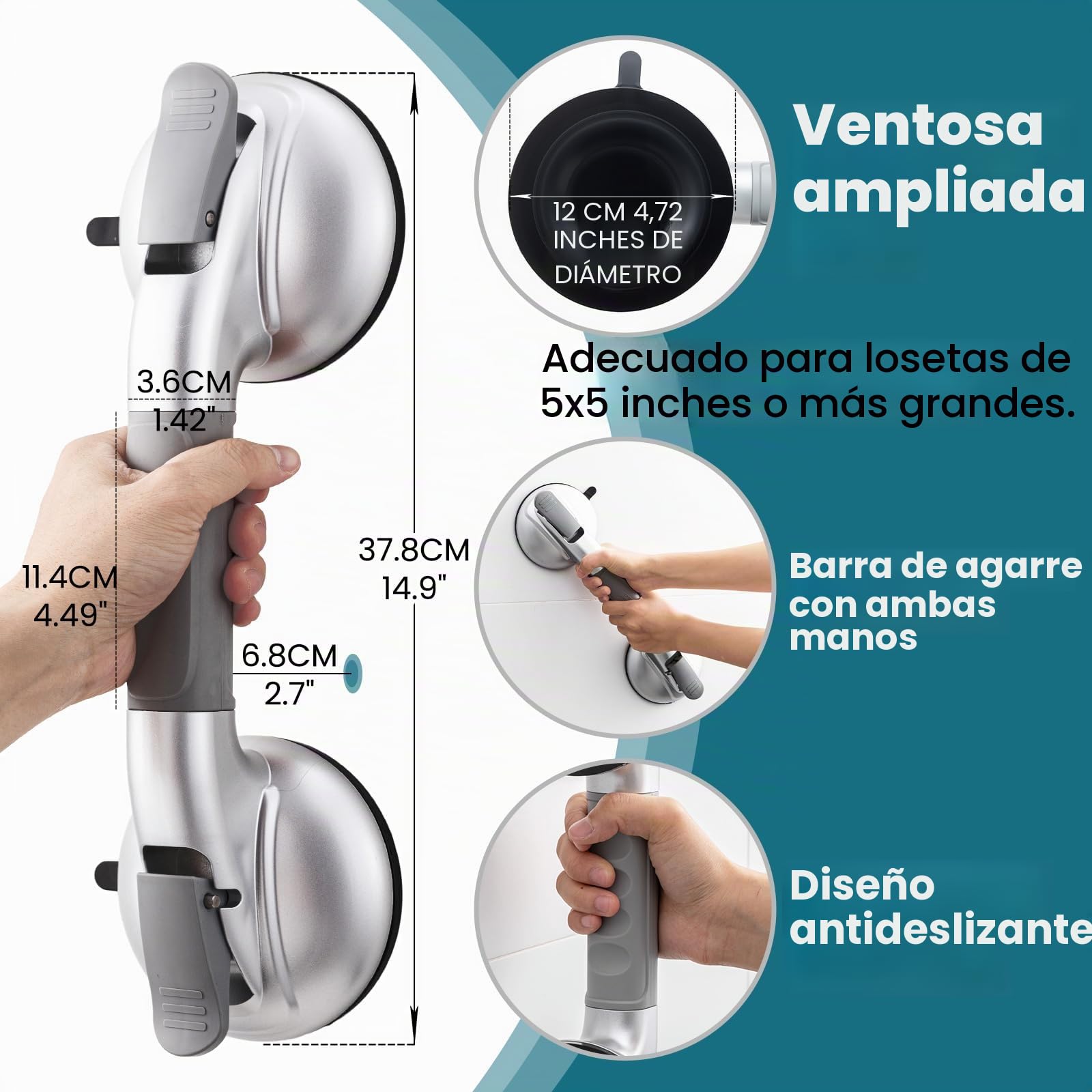 TAILI Asa de Seguridad para Baño, MÁX 150 KG, Equipado con ventosas de goma mejoradas, Succión Barra de Agarre para Azulejos Texturizados, Agarraderas de Succión para Baño, Sin Taladrar, Plata