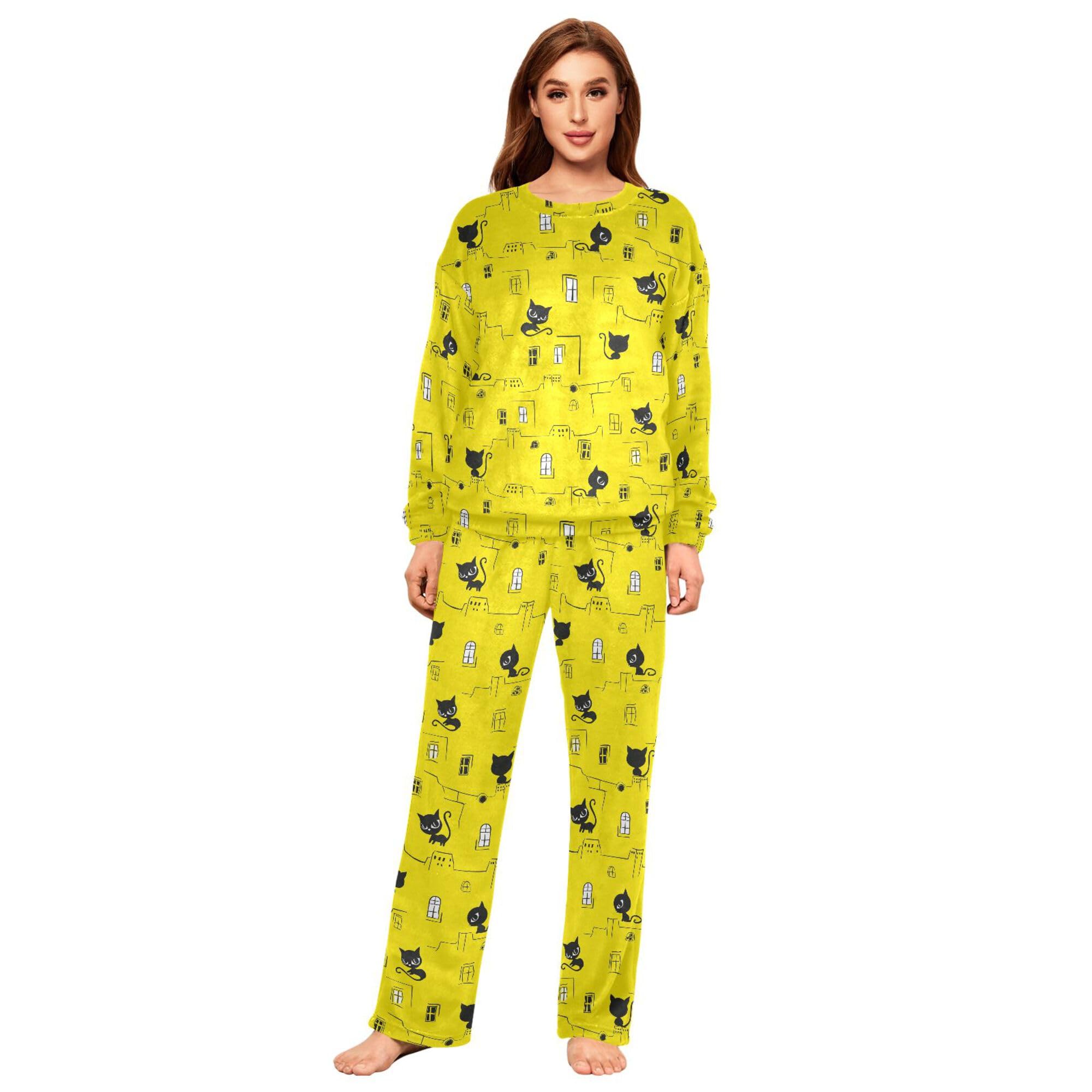 ALAZA Conjunto de pijama de forro polar para mujer, diseño de unicornio, estrellas, lunares, manga larga, ropa de dormir de dos piezas, ropa de dormir térmica, pijama súper suave, talla S