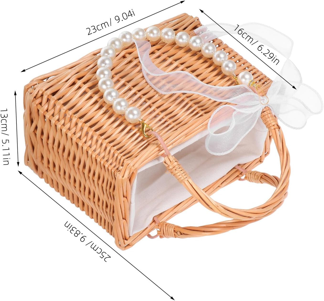 Handwoven Willow Flower Girl Basket with Handle, Braided Wicker Basket with Pearl Chain and Ribbon Bow, Small Bridal Clutch Suitable for Wedding Ceremony and Holiday Decor