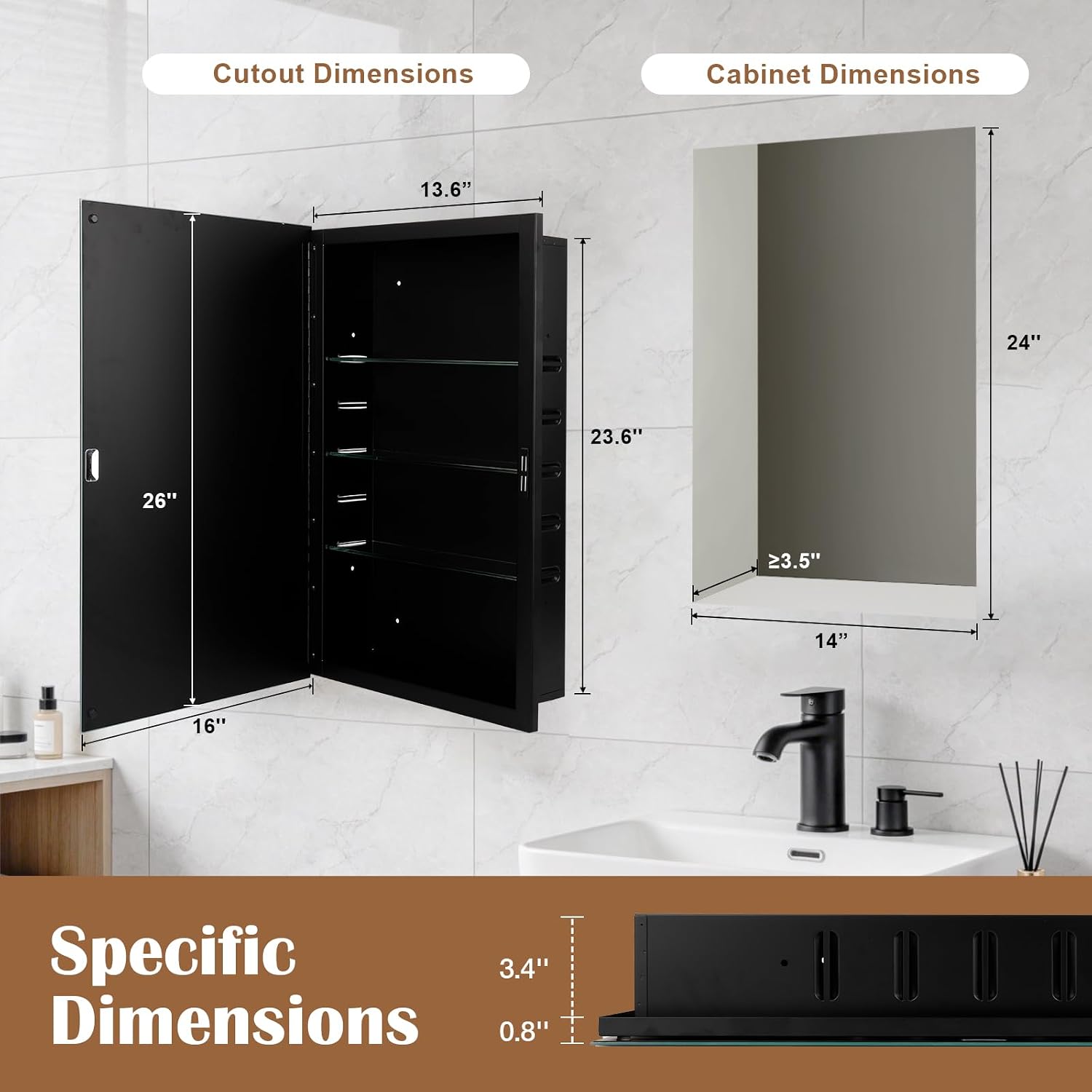 16x26'' Bathroom Medicine Cabinet Mirror with Storage, Surface Mount or Recessed Medicine Cabinet with 4-Tiered Adjustable Tempered Glass Shelves