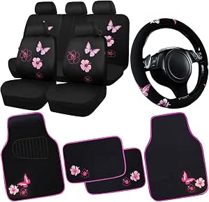 CAR PASS Universal Cloth Butterfly Car Seat Covers Full Set, Embroidered Flower Waterproof Car Floor Mats Carpet, Butterflies Steering Wheel Cover for Car Accessories Interior Sets (Black and Pink)