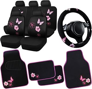 CAR PASS Universal Cloth Butterfly Car Seat Covers Full Set, Embroidered Flower Waterproof Car Floor Mats Carpet, Butterflies Steering Wheel Cover for Car Accessories Interior Sets (Black and Pink)