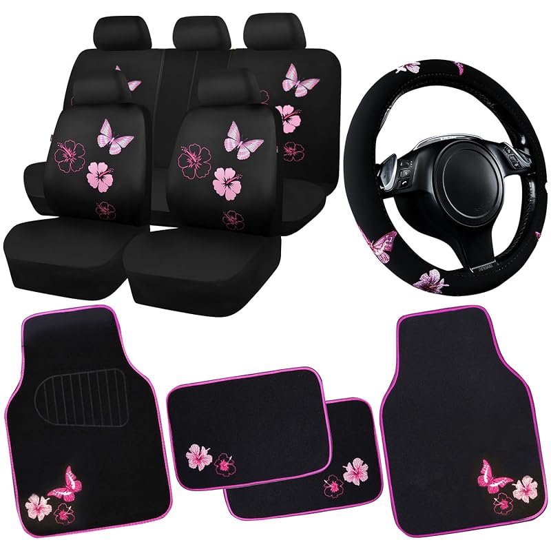 CAR PASS Conjunto de acessórios internos automotivos com capas de banco, tapetes e capa para volante, estampa de borboletas, preto e rosa