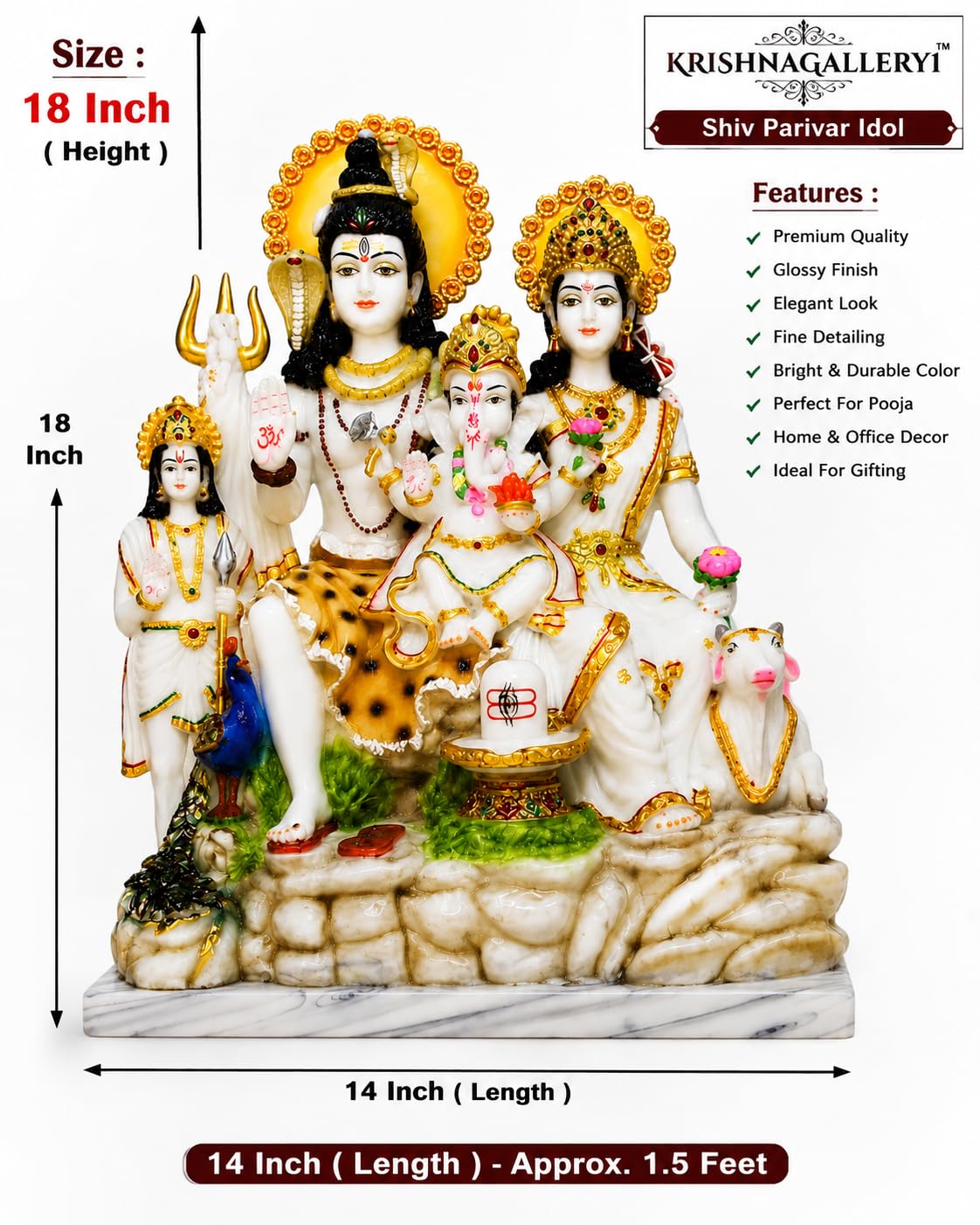 KRISHNAGALLERY 1 statua in marmo di Shiv Parivar Family Murti Idol Shiv Parvati Ganesh Ji Murti statua idolo per la casa Pooja camera regalo decorazione ufficio 45 cm (oro bianco)