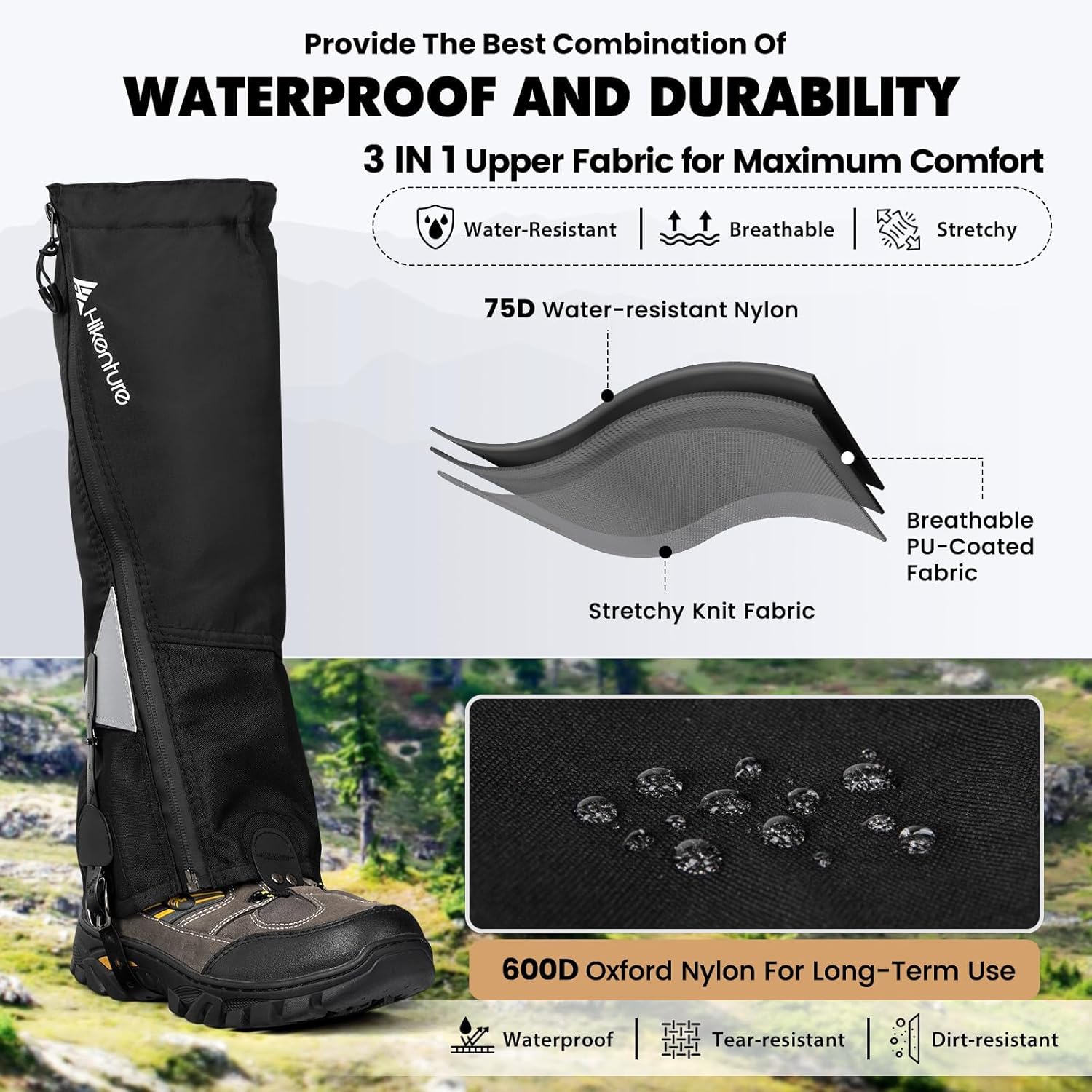 Hikenture Gaiters for Hiking Waterproof, Leg Gaiters with Upgraded Zipper Design, Lightweight Shoe Gaiters for Men Women, Dirt-Proof Ripstop Hiking Gaiters, Breathable Boot Gators for Hunting : Sports & Outdoors