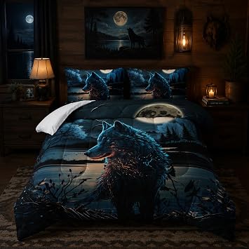 Nttopship Moon Wolf Comforter Set Full Size, Wolf Night Moon Bedding Set 3 Piece for Kids Teens,Wild Animals Bedding Sets Soft Microfiber Comforter Sets for All Season