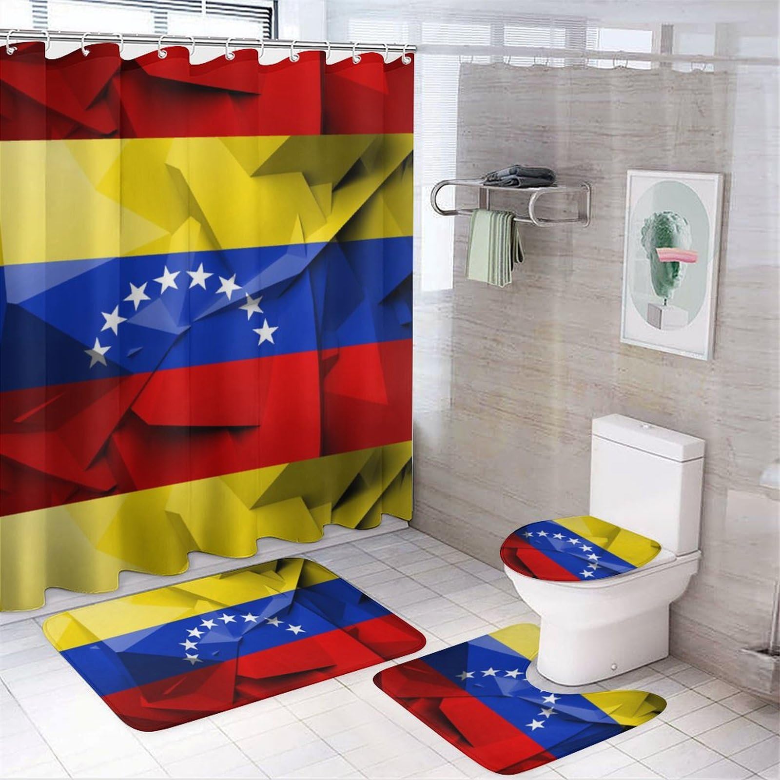 JZemdybill Bathroom Mat Set 4 Piece, Venezuelan Flag Shower Curtain with Non-Slip Bath Mats for Bathroom