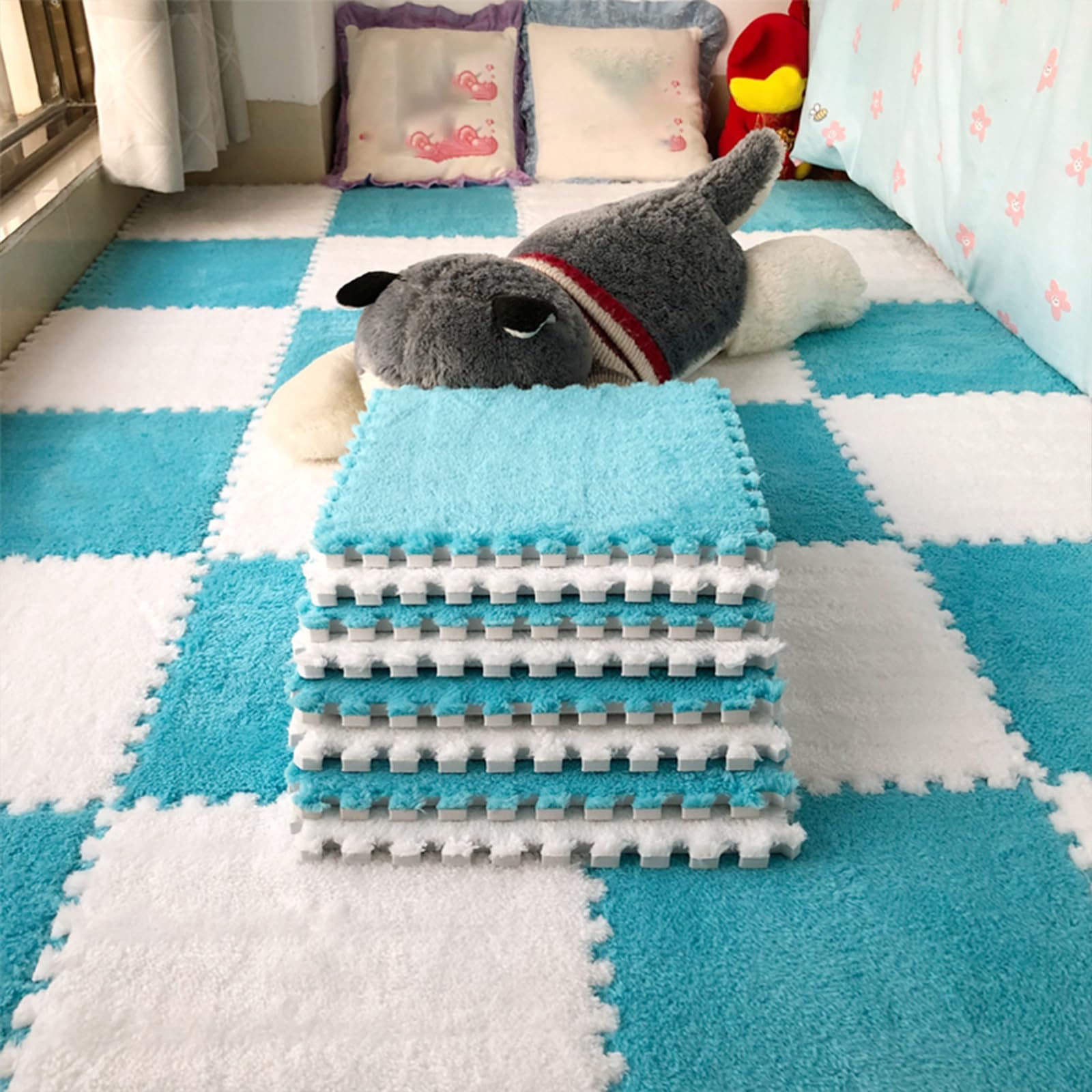 Alfombrillas de espuma para dormitorio, zona de juego infantil acogedora con rompecabezas de felpa