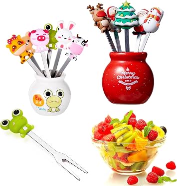 11 Pcs Food Picks for Kids with 2 Ceramic Jars Set Cute Cartoon Animal Fruit Forks with Silicone Handles Stainless Steel Back to School Party Supplies