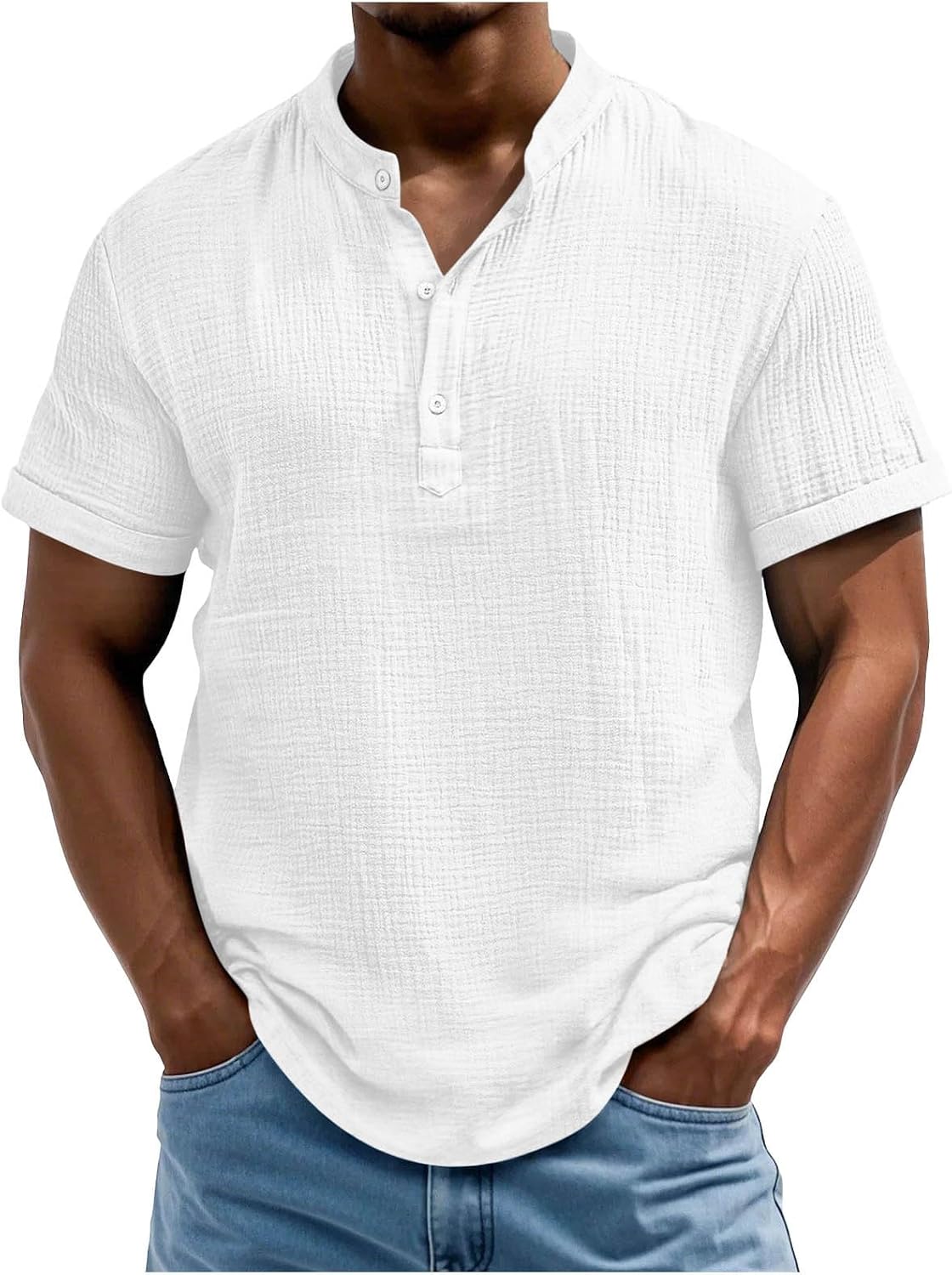 Short-Sleeve Casual T-Shirt for Men, Stand Collar Button Front Breathable Top, Lightweight Relaxed Fit Daily Tee