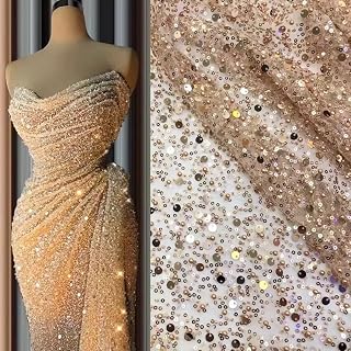 51" Wide Exquisite Heavily Pearl Soft Tulle Mesh Wedding Lace Fabric Embroidered French Sequined Bead Lace Fabrics for Handmade DIY Wedding Evening Dress Bridal Veil (Champagne, Cut by The Yard)
