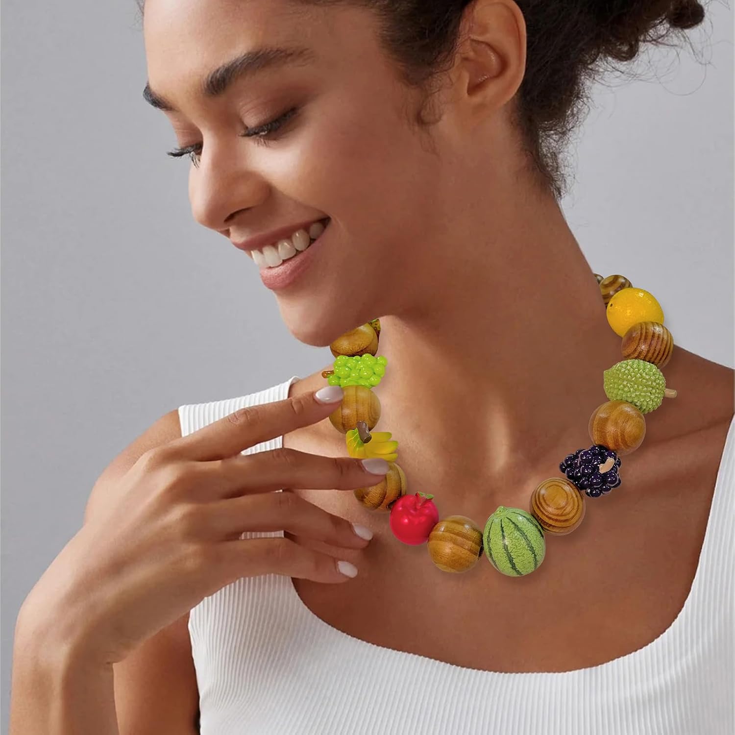 Firstmeet Fruit Necklace Handmade Chunky Natural Wood Bead Necklace Costume Hip Hop Jewelry for Women