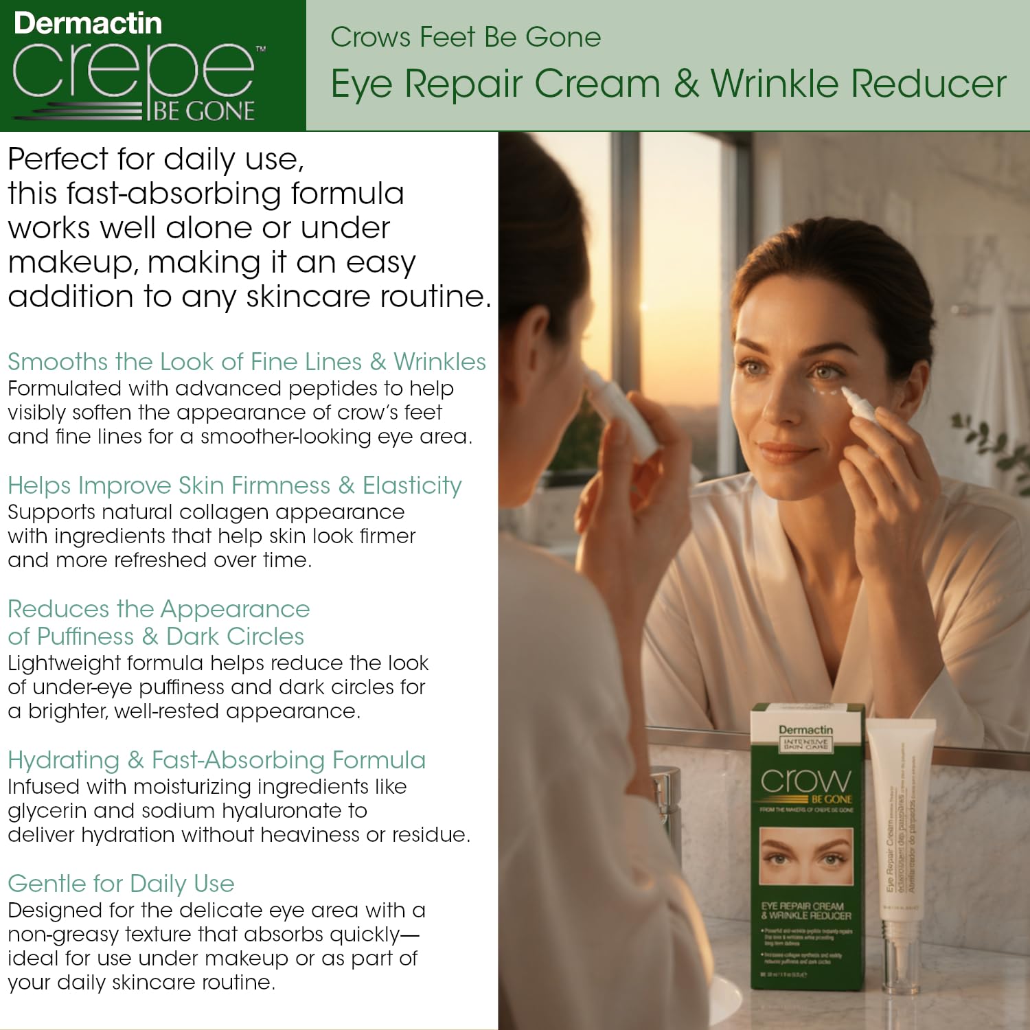 Dermactin Crepe Be Gone Crow’s Feet Be Gone Eye Repair Cream & Wrinkle Reducer 1 oz. Peptide Eye Cream for Fine Lines, Dark Circles & Puffiness – Hydrating, Smoothing Under Eye Treatment