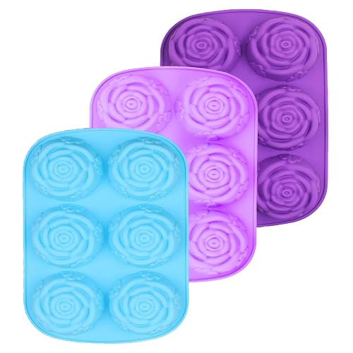 NIKKIER 6 Cavity Rose Flower Silicone Mold for Cake Chocolate Candy Cupcakes Pudding Muffins Ice Cube Soap Making 3PCS