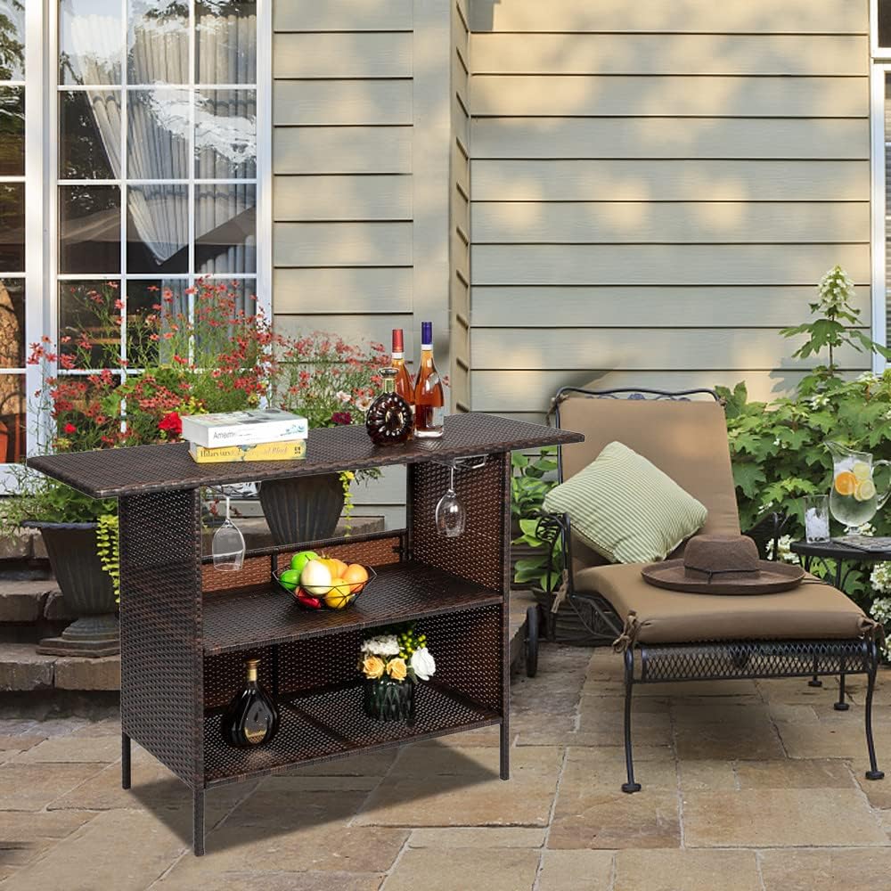 Ochine Outdoor Wicker Bar Table with 2 Steel Shelves and 2 Sets of Rails, Outdoor Patio Rattan Wicker Bar Counter Table Rattan Bar Counter Table Garden Patio Furniture for Backyard, Poolside, Garden
