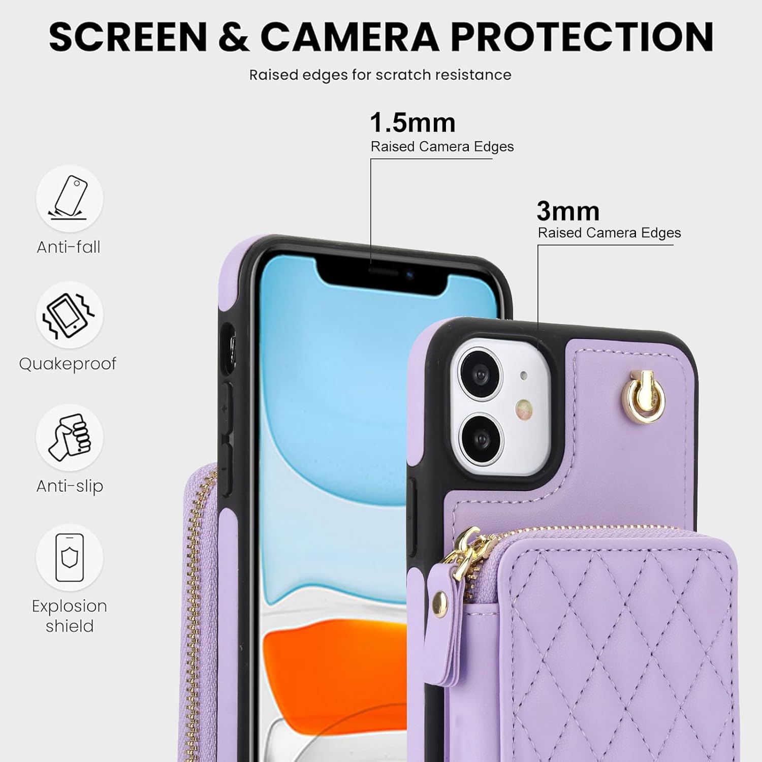 Phone Case for iPhone 11 6.1 Wallet Cell Cover with Tempered Glass Screen Protector Wrist Crossbody Strap RFID Blocking Credit Card Holder iphone11case iPhone11 i Phone11 11s XI 11R Women Girls Purple