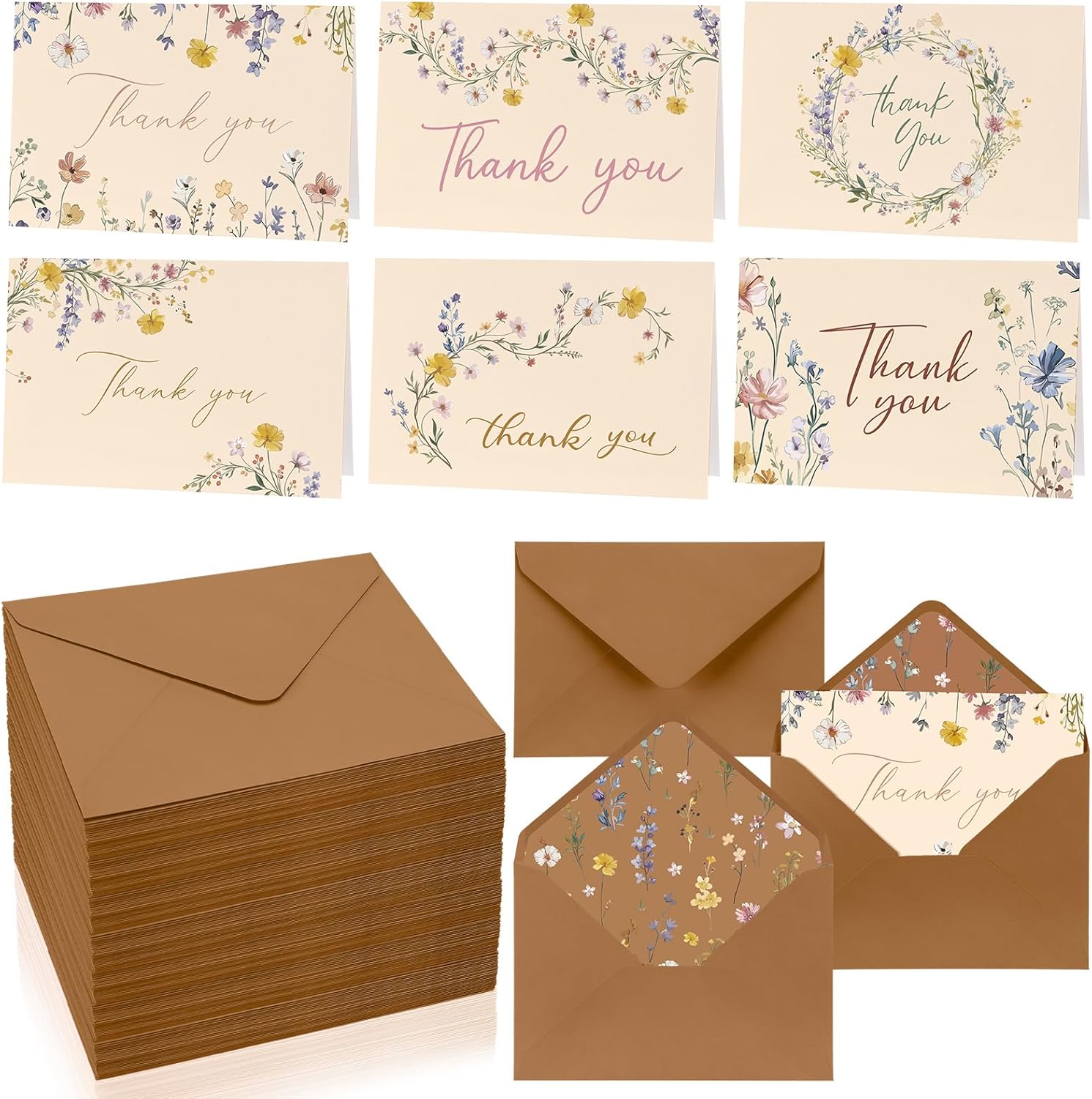 Motiskyy 60 Set Thank You Cards with Envelopes 4"x 6" Watercolor Greeting Cards Blank with Envelopes for Wedding, Baby Shower, Bridal Shower, Graduation, Teacher Appreciation Gifts(Vintage Floral)
