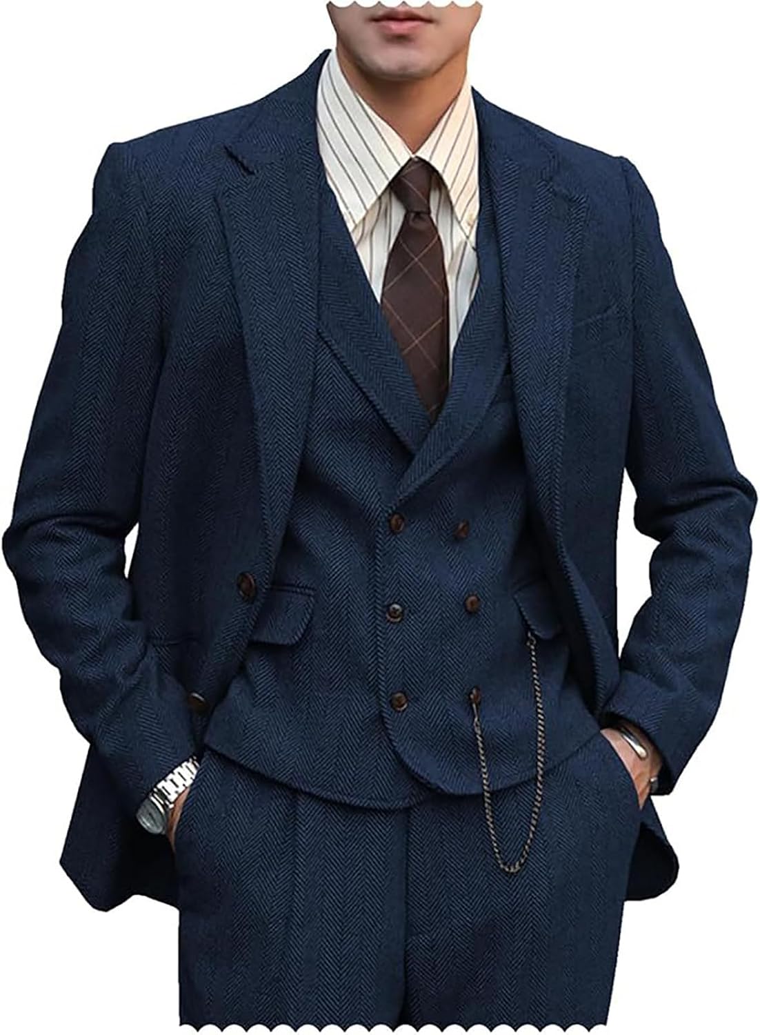 Tweed Herringbone 3 Piece Men Suit Formal 2 Button Jacket Dress Tuxedo Suit Vest Pants Wedding Prom