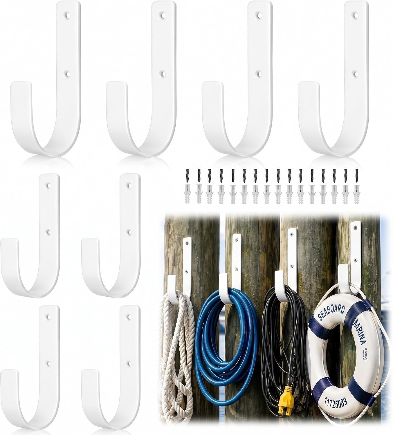 8 Pack Metal Dock Line Holder Hooks with Screws | Heavy Duty Dock Piling Line Holder for Boat Rope Storage, Marine Dock Accessories for Boat Docks, Kayak, White