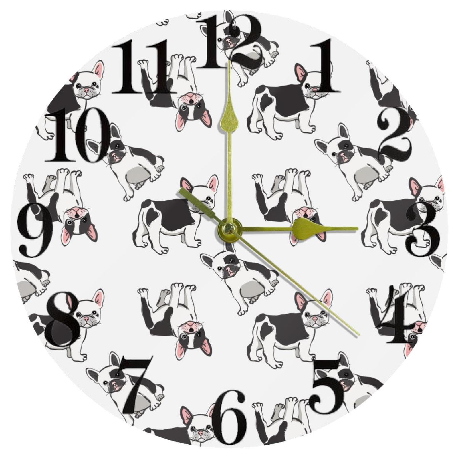 Horloge murale bouledogue français ronde et silencieuse à quartz noire et blanche pour salon