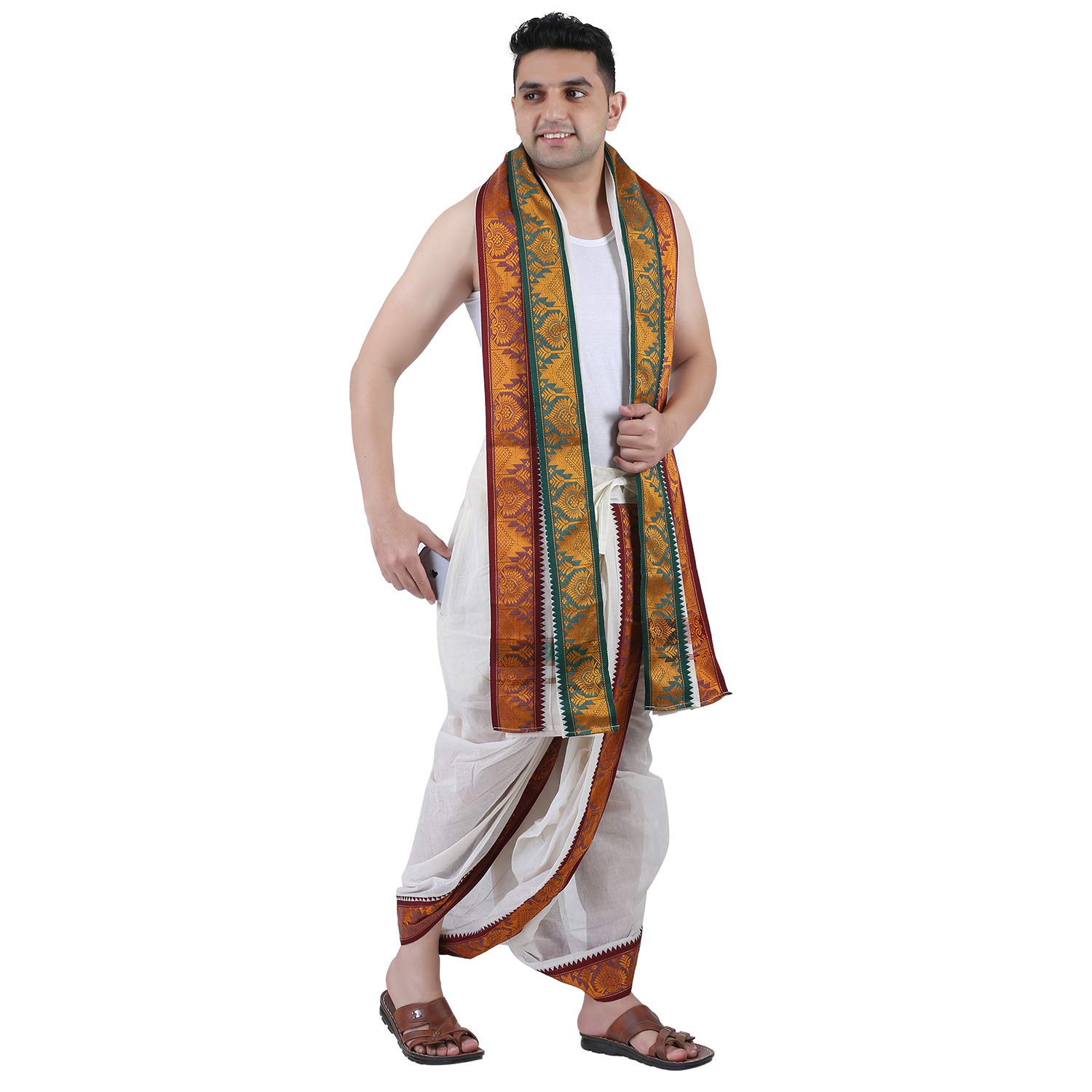 prakasam cotton Men's Panchakacham (Ready to wear) dhoti towel set with pocket- free size. (Half White-2)-picture-48