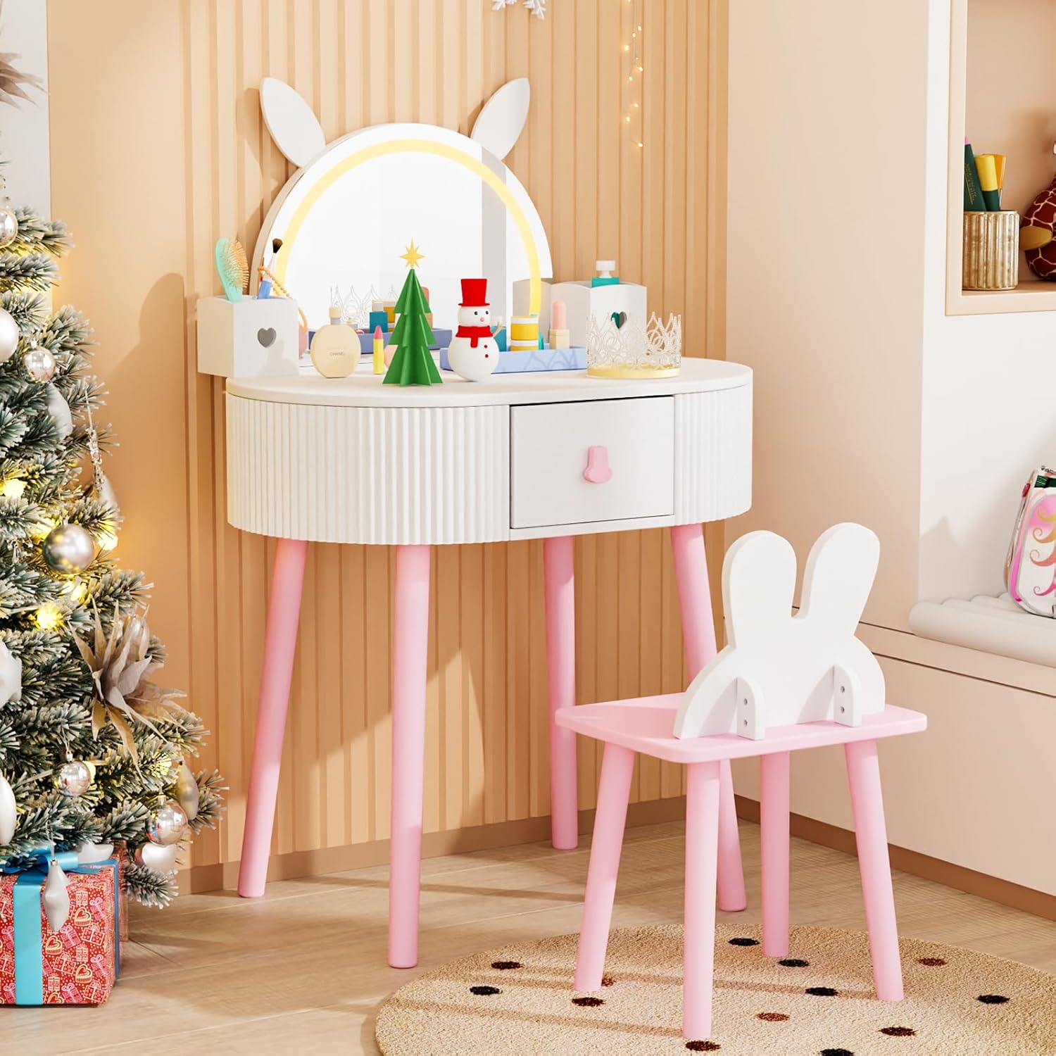 JOYMOR Kids Vanity with Lights, Girls Vanity Set w/Touch Screen 3 Colors Adjustment, Solid Wood Leg, 1 Drawer, 2 Storage Boxes, Kids Vanity Table and Chair Set (Pink)
