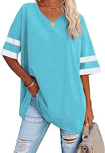Famulily Women's Oversized Tshirt Color Block Basic Tops Striped Half Sleeve Tunic Blouse S-XXL