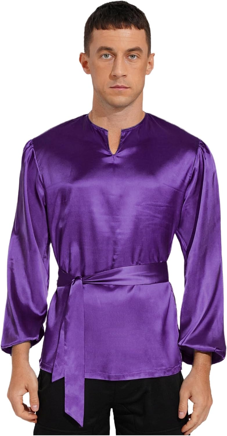 Men's Liturgical Worship Pullover Top Long Sleeve Satiny Praise Dance Tops with Belt Stage Performance