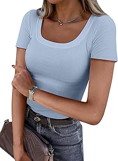 ANRABESS Women Short Sleeve Tops Scoop Neck Ribbed Knit Slim Fitted Basic Tee Shirts Casual Summer Clothes 2025 Fall Outfits