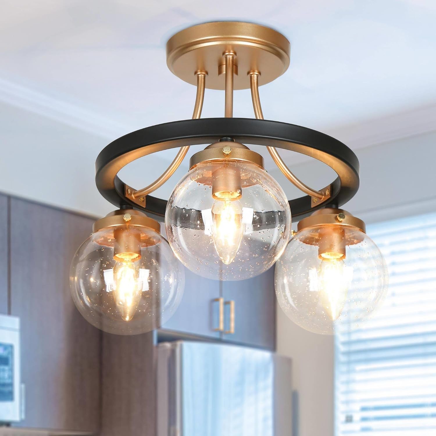 ZEVNI 3-Light Black Gold Semi Flush Mount Ceiling Light, Modern Glass Globe Ceiling Lights for Bedroom, Hallway, Foyer, Kitchen, Dining Room, 14.5" Dia